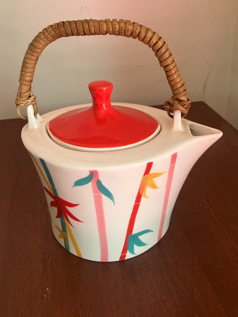 Hues N Brews Retro MCM Style Bamboo Ceramic Teapot 3-Piece Set